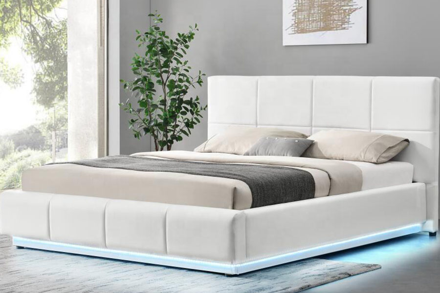 1239-1G Struttura letto imbottita doppia ottomana LED in ecopelle bianca